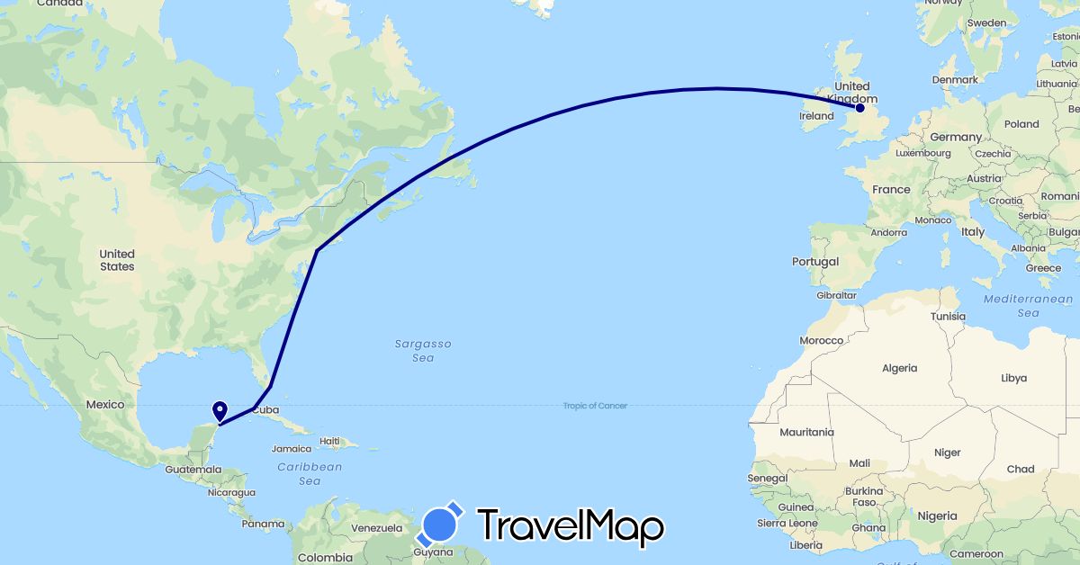 TravelMap itinerary: driving in Cuba, United Kingdom, Mexico, United States (Europe, North America)